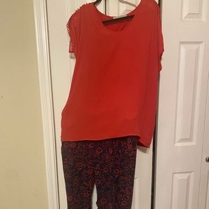 2-pc Loft Marisa Pant and Blouse Red Navy Size 16 / XL